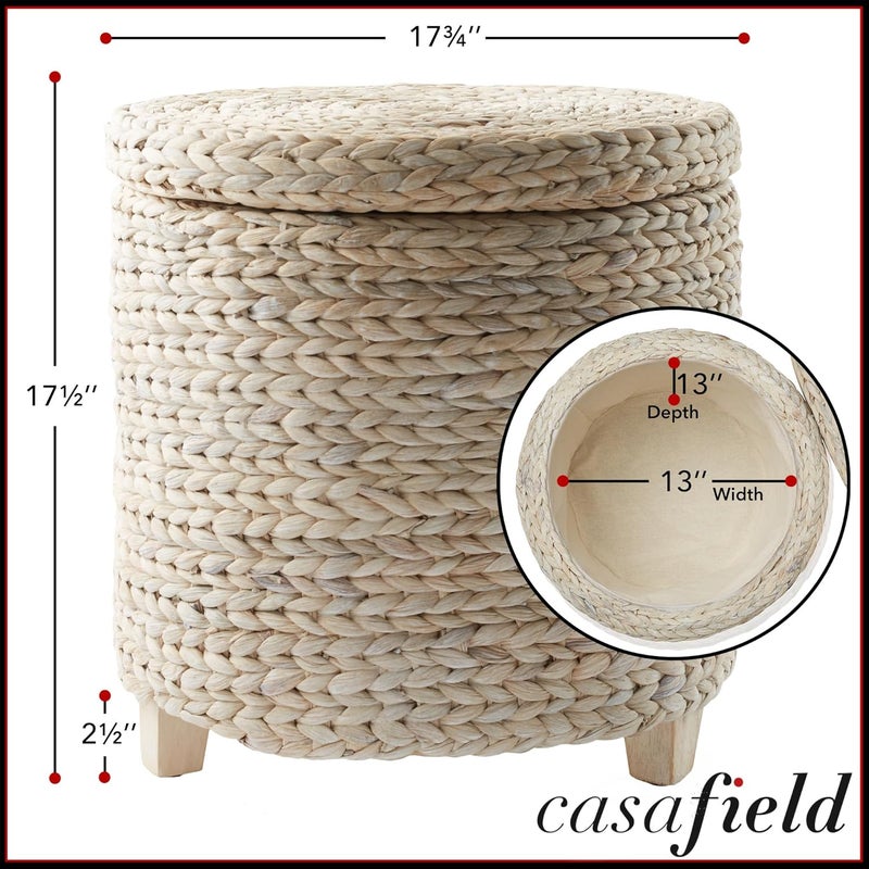 Casafield 17" Round Storage Ottoman with Lid - Whitewash, Handwoven Water Hyacinth Footstool for Living Room, Bedroom, Bathroom, Home Office - Image 3